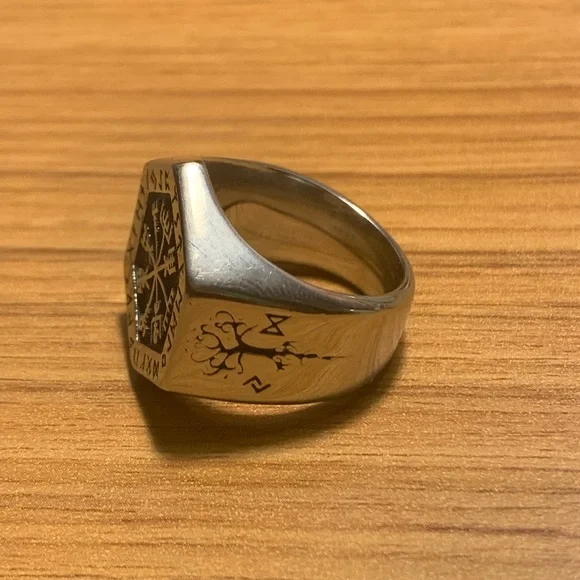 VEGVISIR RING WITH NORDIC SYMBOLS SIZE 9 - Picture 2 of 6